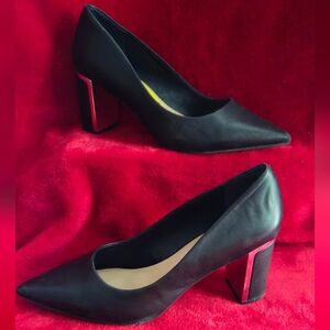 Alfani Step Flex Leather Black Pointed Toe Block Heels w/Silver Accent-Size 8.5
